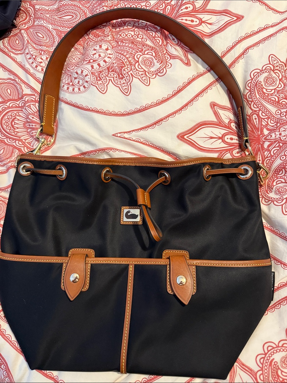 Dooney & Bourke Wayfarer Black Nylon Shoulder Bag with Brown Leather Trim
